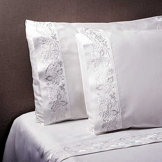 Sábana embozo bordado flores blancas 300 hilos algodón egipcio.