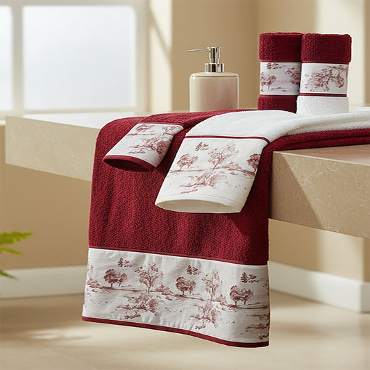 Juego de toallas doble, diseño Toile Jouy bosque combinando colores granate/blanco.