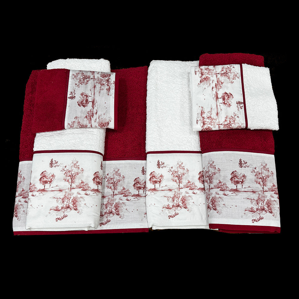 Juego de toallas doble, diseño Toile Jouy bosque combinando colores granate/blanco.
