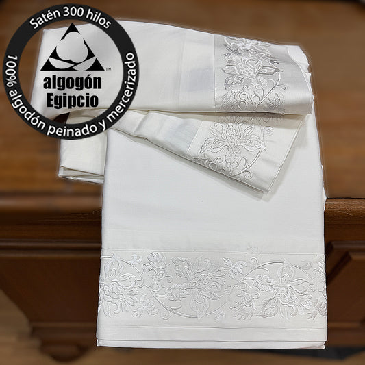 Sábana embozo bordado flores blancas 300 hilos algodón egipcio.